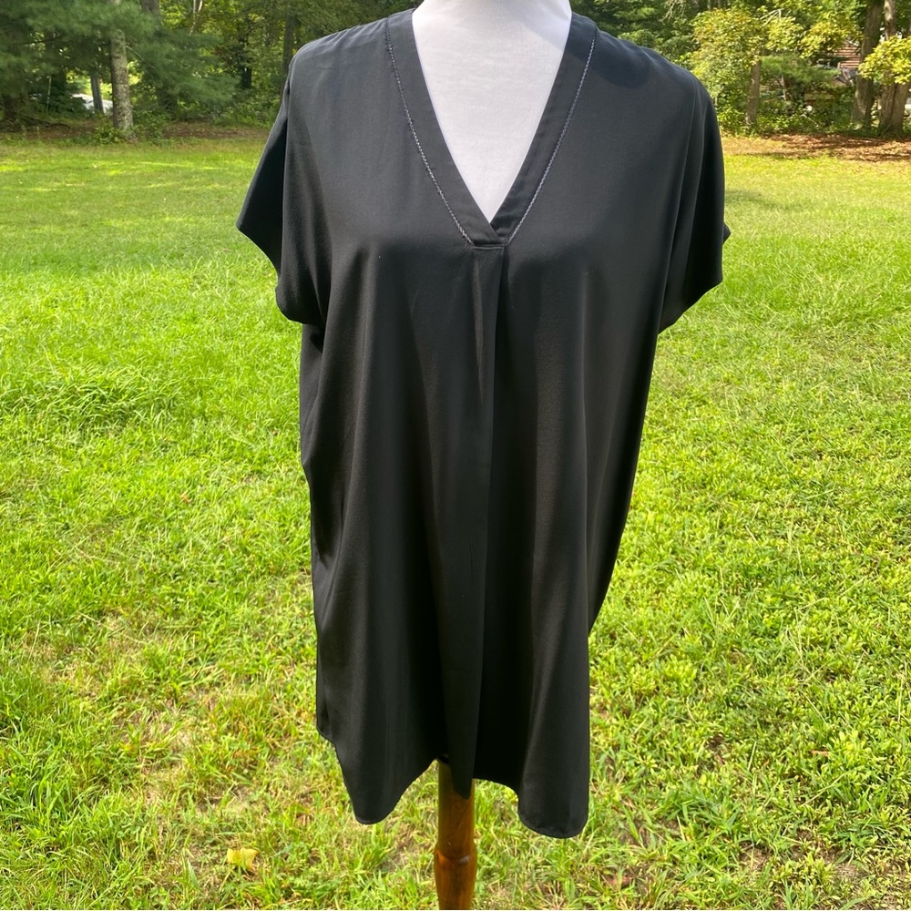 VINCE DRESS MINI SHIFT TUNIC BLACK SILK V-NECK SHORT SLEEVE SIZE S